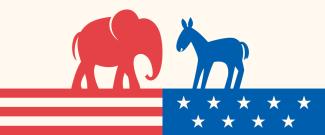 Icon of a red elephant looking at a blue donkey, placed on top of the American flag.